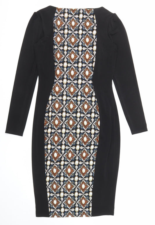 Marks and Spencer Womens Black Geometric Polyester Shift Size 8 Round Neck Pullover