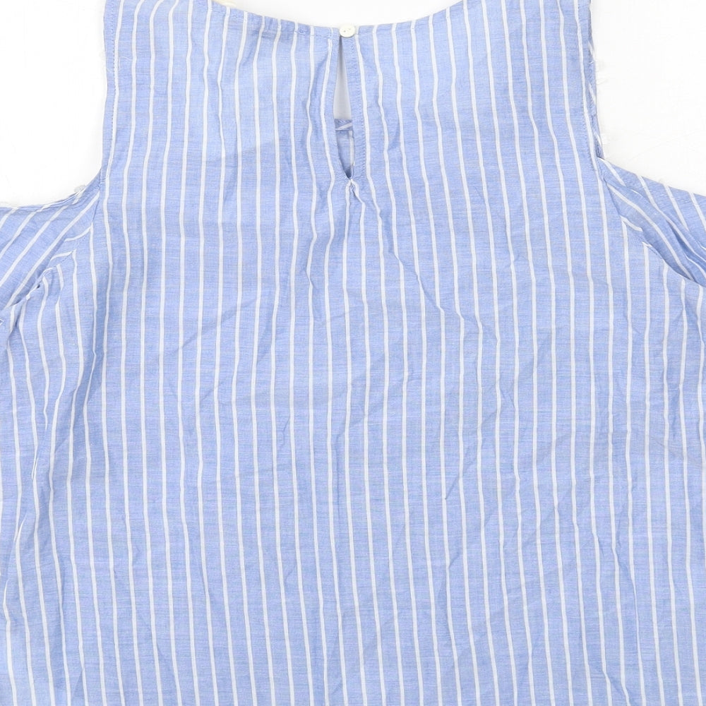 LCW Casual Womens Blue Striped Cotton Basic T-Shirt Size S Round Neck - Cold Shoulder, Lace Detail