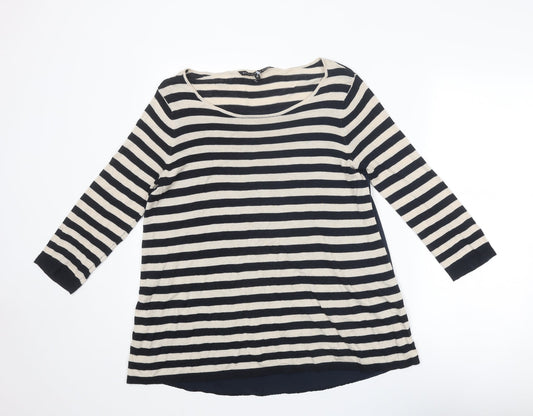 Additional front view of Betty Jackson women’s blue round neck striped cotton jumper, size UK 12