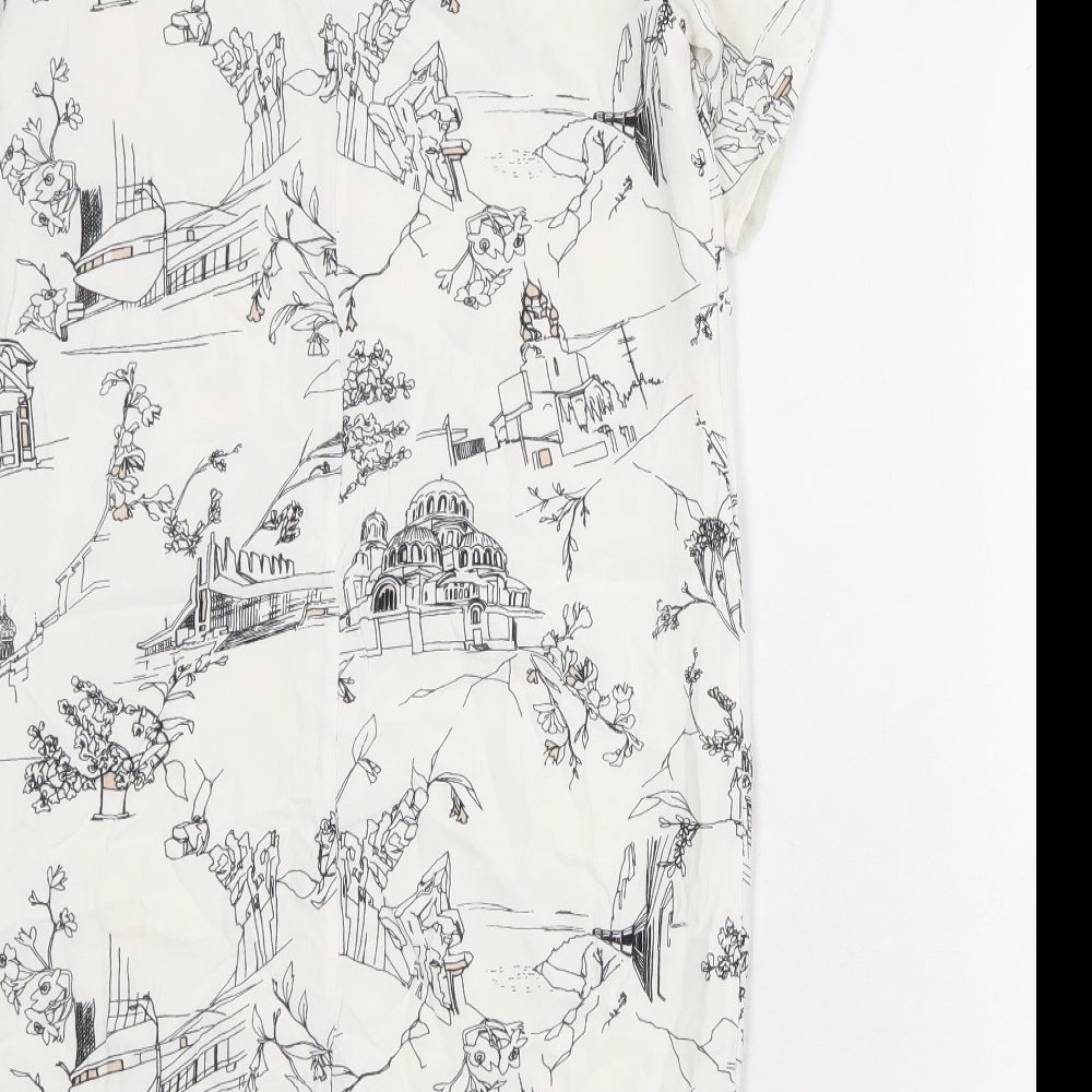 French Connection Womens Ivory Geometric Viscose A-Line Size 6 Round Neck Button - illustration print