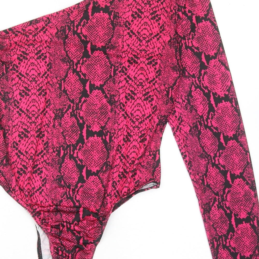 PRETTYLITTLETHING Womens Pink Animal Print Polyester Bodysuit One-Piece Size 14 Snap - Snakeskin Pattern