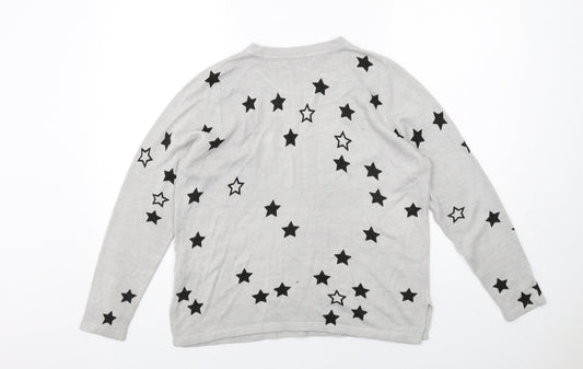Marks and Spencer Womens Grey Round Neck Geometric Acrylic Pullover Jumper Size 14 - Star Pattern