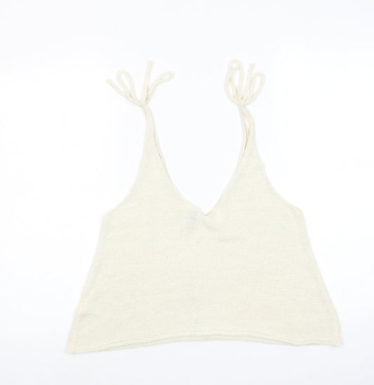 H&M Womens Beige Acrylic Cropped Tank Size S V-Neck