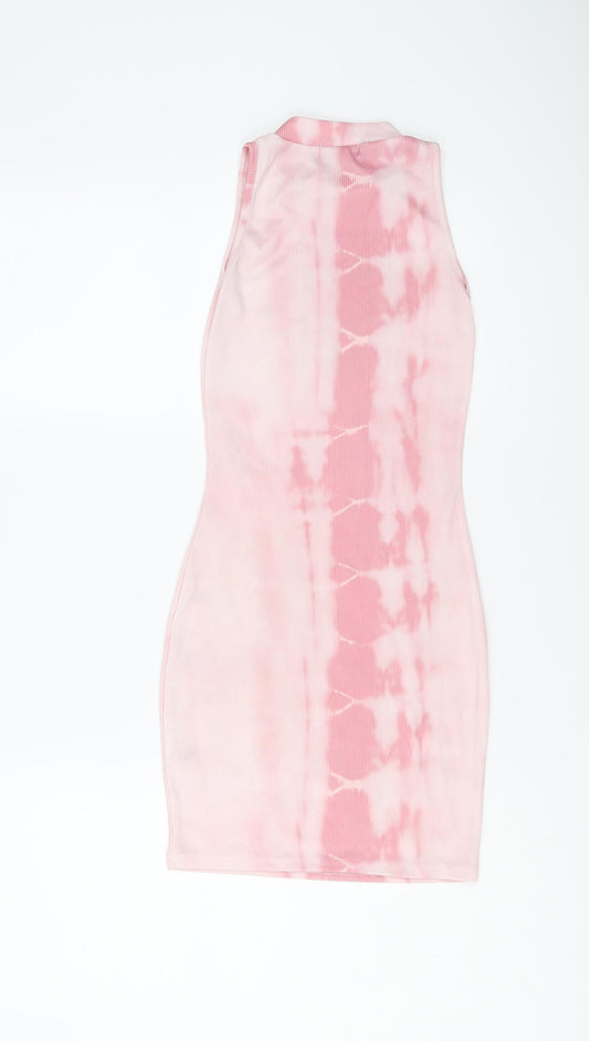 PRETTYLITTLETHING Womens Pink Geometric Polyester Bodycon Size 6 Mock Neck Pullover