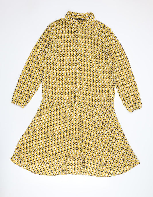 Additional front view of Kaleidoscope women’s yellow geometric polyester shirt dress, size UK 10, collared button