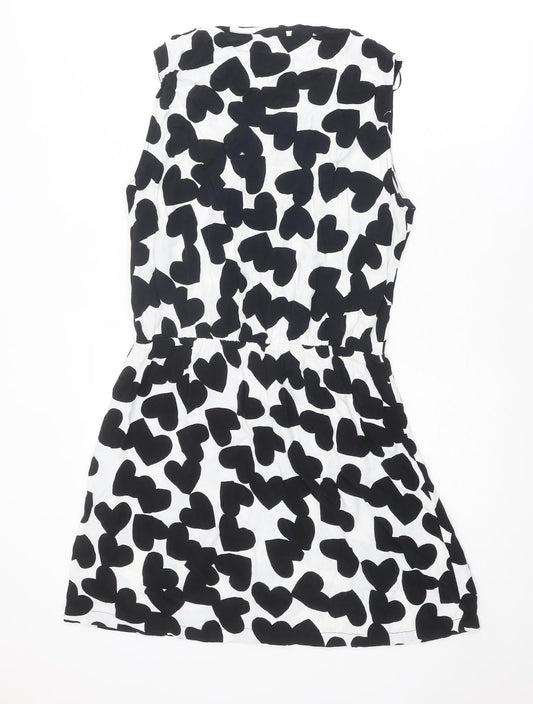 Mango Womens Black Geometric Viscose A-Line Size L Round Neck Hook & Eye - Heart pattern