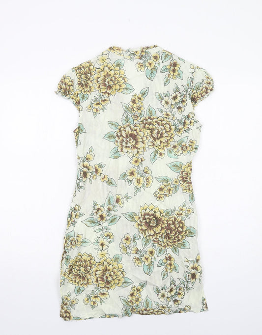 Monsoon Womens Green Floral Cotton A-Line Size 8 V-Neck Button