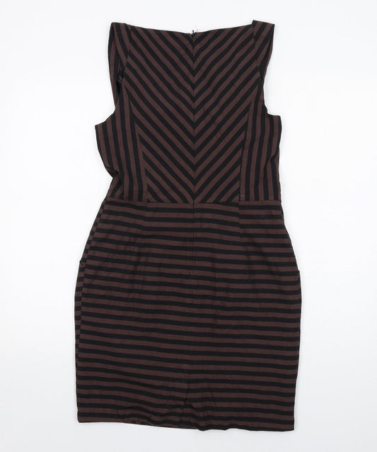 Warehouse Womens Brown Striped Polyester Shift Size 12 Cowl Neck Zip