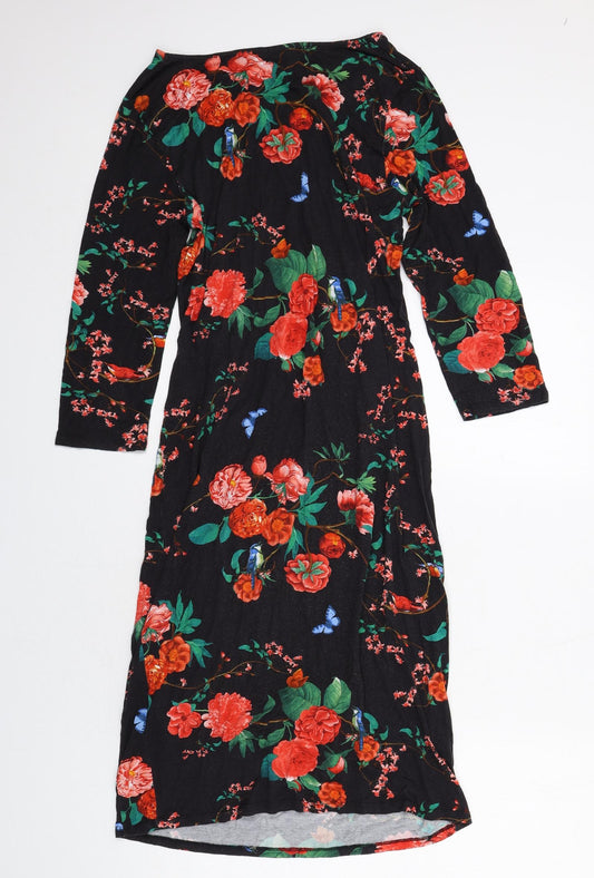 Oasis Womens Black Floral Viscose A-Line Size L Round Neck Pullover