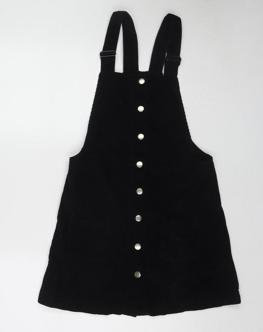 Additional front view of Cooperative women’s black cotton pinafore/dungaree dress, size XS, square neck button