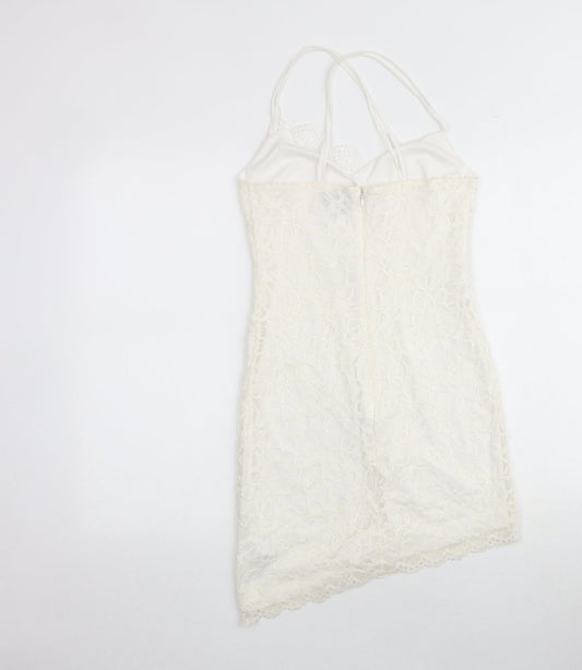 Topshop Womens Ivory Geometric Polyester Slip Dress Size 8 V-Neck Zip