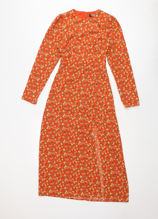 Additional front view of Fashion Union women’s orange floral polyester a-line, size UK 4, round neck zip