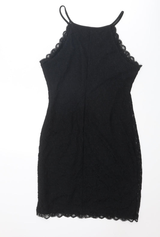 New Look Womens Black Geometric Nylon Slip Dress Size 12 Round Neck Pullover