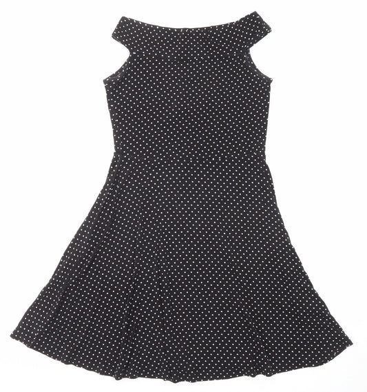 Additional front view of Miss Selfridge women’s black polka dot viscose fit & flare, size UK 8, boat neck pullover