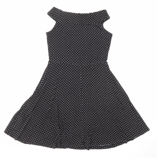 Miss Selfridge Womens Black Polka Dot Viscose Fit & Flare Size 8 Boat Neck Pullover