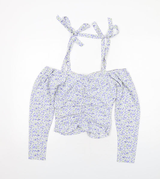 Boohoo Womens White Floral Polyester Cropped Blouse Size 6 V-Neck - Cold Shoulder