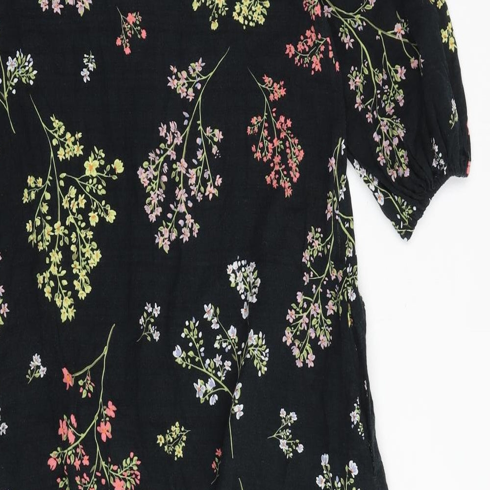 And/Or Womens Black Floral Polyester A-Line Size 10 V-Neck Button