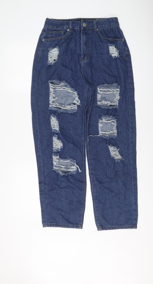 Additional front view of I SAW IT FIRST women’s blue cotton mom jeans, size UK 8, 27-inch leg regular button