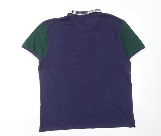 Red Herring Mens Blue Colourblock Cotton Polo Size L Collared Button