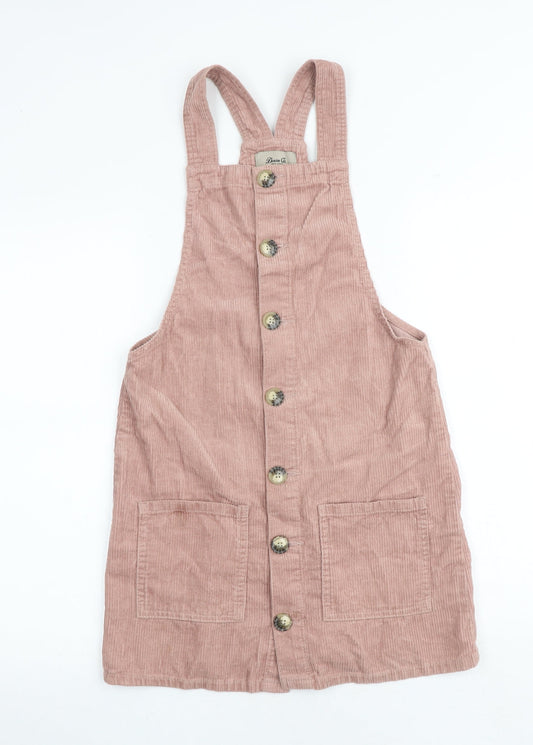Additional front view of Denim & Co. women’s pink 100% cotton pinafore/dungaree dress, size UK 6, square neck button