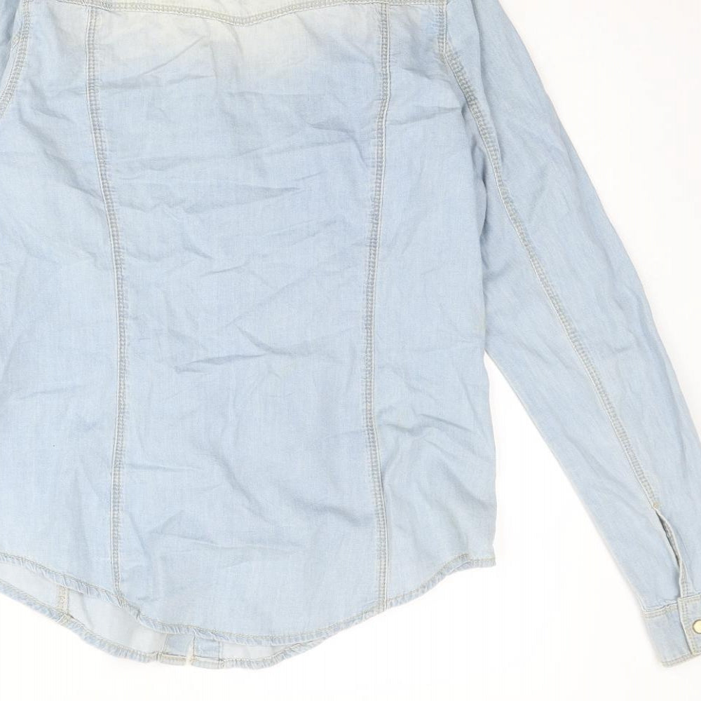 Denim & Co. Womens Blue Cotton Basic Button-Up Size 10 Collared