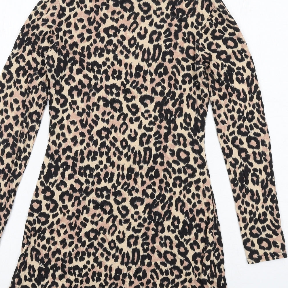 Boohoo Womens Black Animal Print Viscose A-Line Size 8 Round Neck Pullover - Leopard pattern