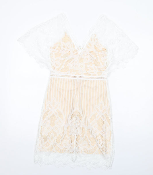 Boohoo Womens White Geometric Polyester A-Line Size 8 V-Neck Zip