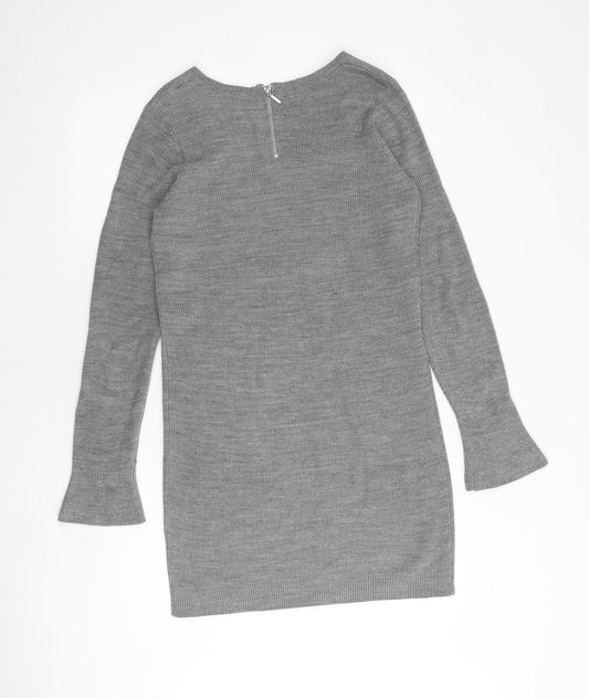 Dorothy Perkins Womens Grey Acrylic Jumper Dress Size 10 Boat Neck Zip