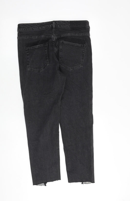 H&M Womens Grey Cotton Straight Jeans Size 12 Regular Button - Raw Hem