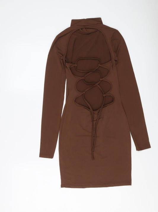 PRETTYLITTLETHING Womens Brown Polyester Bodycon Size 8 High Neck Pullover - Lace Up Back Detail