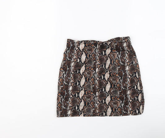 Pull&Bear Womens Brown Animal Print Cotton Mini Skirt Size S Zip - Snakeskin pattern