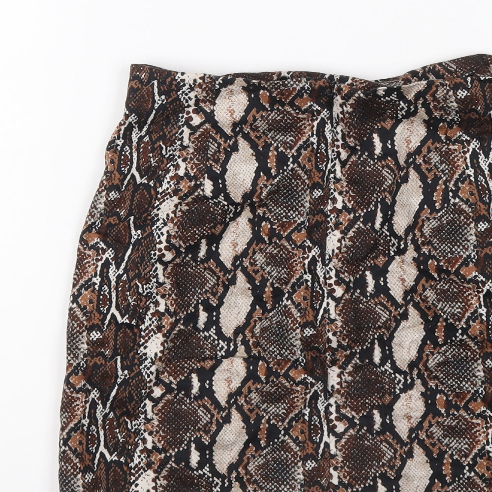 Pull&Bear Womens Brown Animal Print Cotton Mini Skirt Size S Zip - Snakeskin pattern