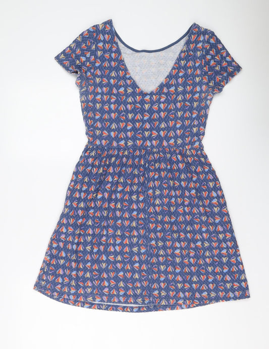 NEXT Womens Blue Geometric Cotton Fit & Flare Size 8 Boat Neck Pullover