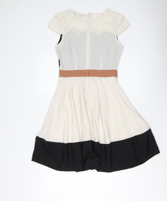 Dorothy Perkins Womens Beige Colourblock Polyester Fit & Flare Size 8 Round Neck Zip