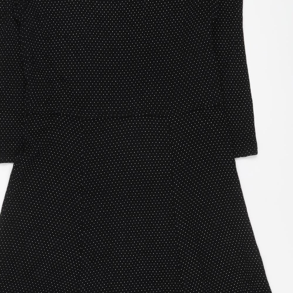 Brand and care label for Cooperative women’s black polka dot viscose trapeze & swing, size S, round neck pullover