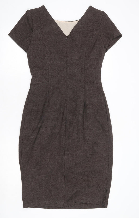 Collection Womens Brown Polyester Pencil Dress Size 12 Boat Neck Zip - Front Pleat Detail