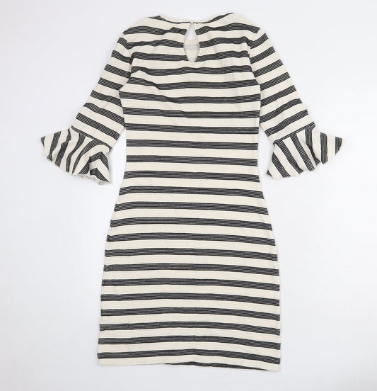 Limited Edition Womens Ivory Striped Cotton Pencil Dress Size 6 Round Neck Button - Ruffle Sleeve