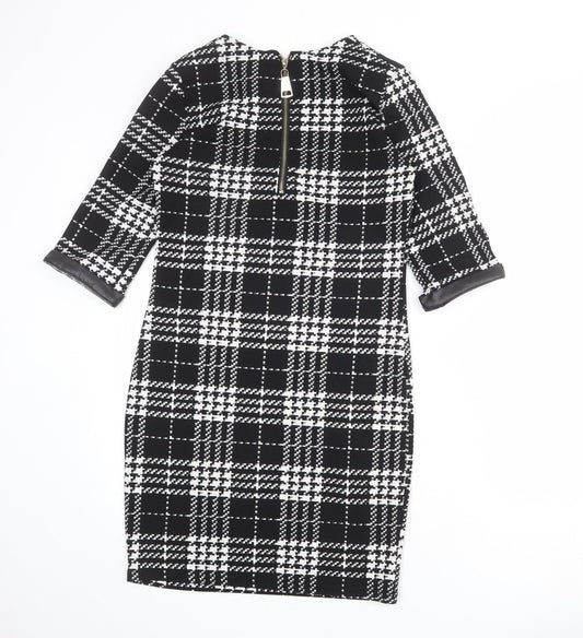 Krisp Womens Black Plaid Polyester Pencil Dress Size 8 Round Neck Zip