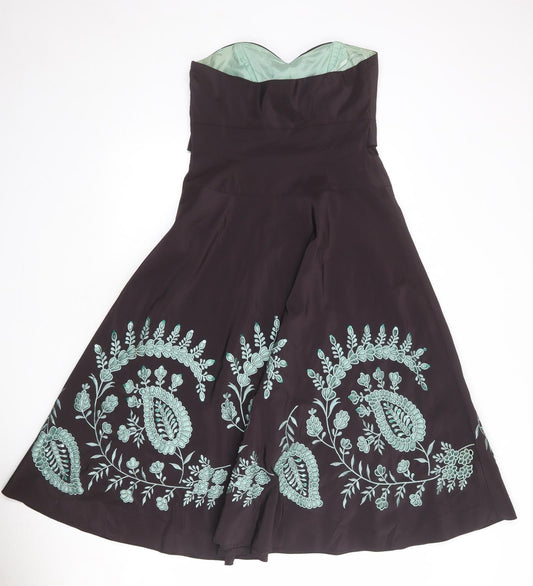 Monsoon Womens Brown Floral Polyester A-Line Size 12 Sweetheart Zip - Strapless