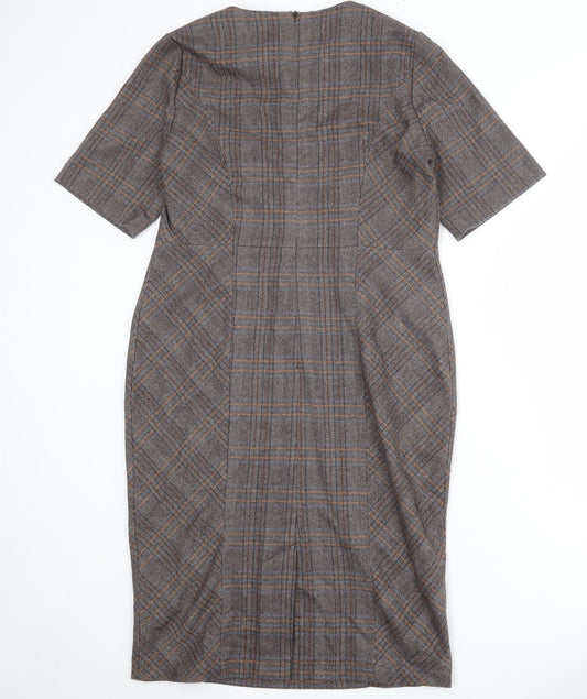 NEXT Womens Brown Plaid Polyester Pencil Dress Size 14 Round Neck Zip