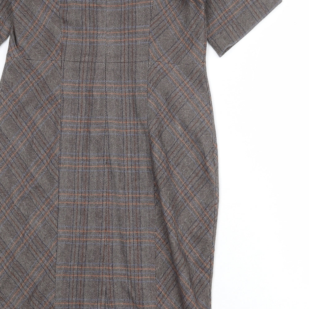 NEXT Womens Brown Plaid Polyester Pencil Dress Size 14 Round Neck Zip