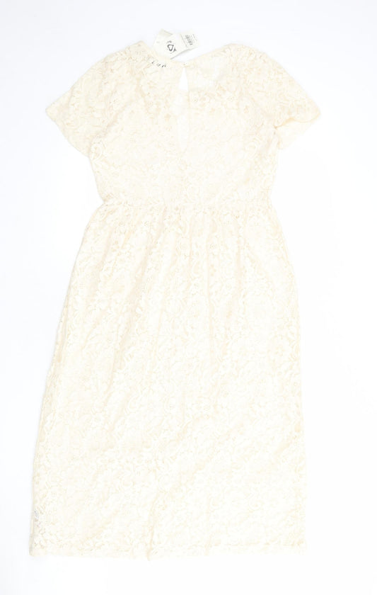 Miss Selfridge Womens Ivory Geometric Cotton A-Line Size 10 Round Neck Button