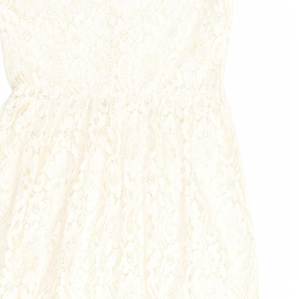 Miss Selfridge Womens Ivory Geometric Cotton A-Line Size 10 Round Neck Button