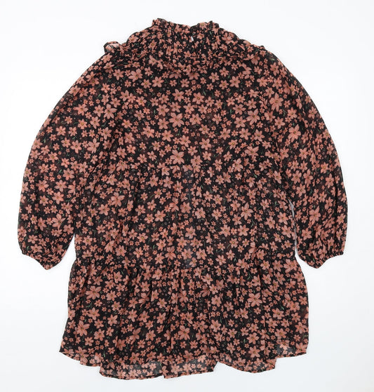 New Look Womens Black Floral Polyester A-Line Size 8 Mock Neck Button