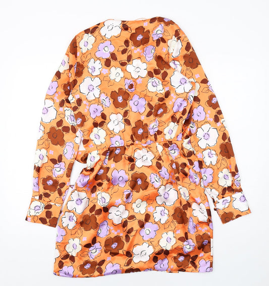 Zara Womens Orange Floral Polyester Bodycon Size S V-Neck Tie