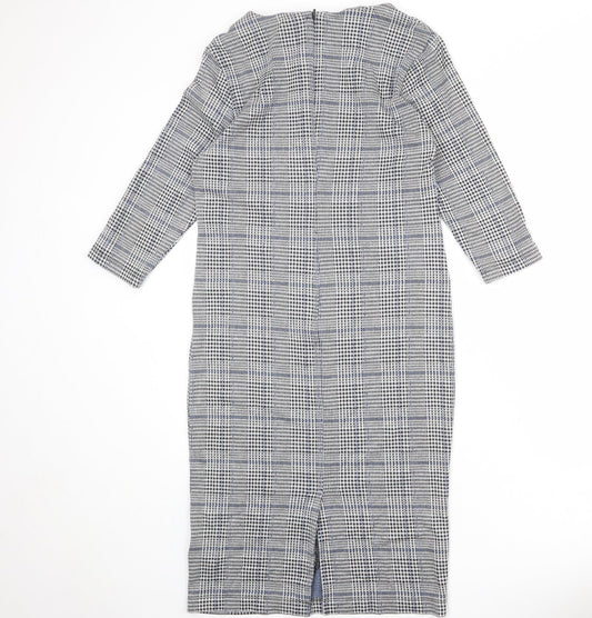Marks and Spencer Womens Grey Plaid Polyester Shift Size 12 Round Neck Zip