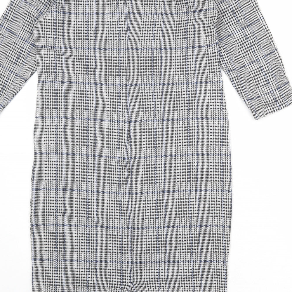 Marks and Spencer Womens Grey Plaid Polyester Shift Size 12 Round Neck Zip