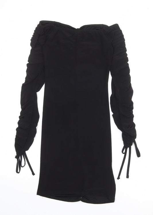 PRETTYLITTLETHING Womens Black Polyester Mini Size 6 Off the Shoulder Pullover - Tie Sleeve Detail