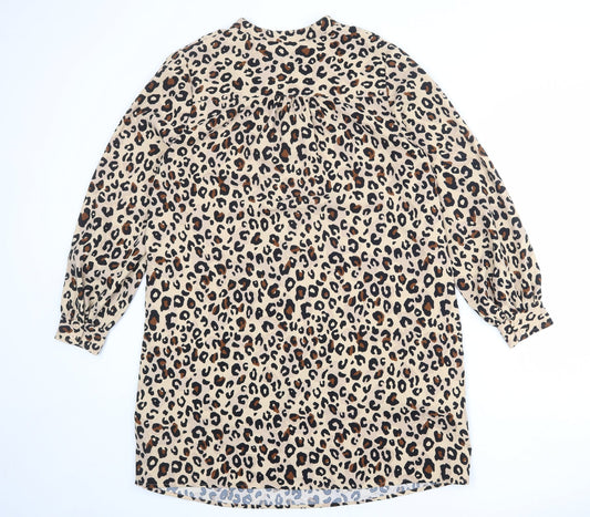 Marks and Spencer Womens Beige Animal Print Polyester Shift Size 14 V-Neck Button - Leopard Print