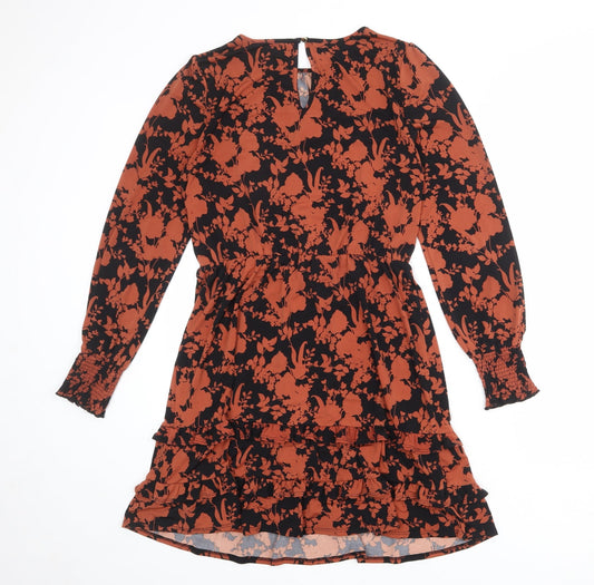 Oasis Womens Black Floral Polyester Fit & Flare Size S Round Neck Button